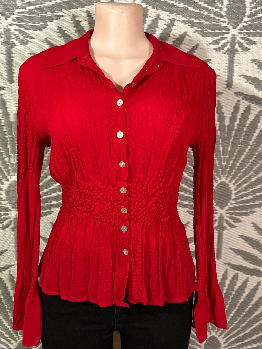 Vintage Y2K Red Ruched Peplum Blouse Bell Sleeve Smocked Waist Fairy Grunge S